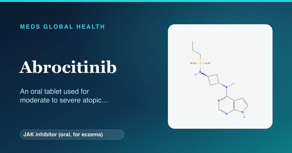 Abrocitinib (JAK inhibitor (oral, for eczema)) — Meds Global Health reference card with 2D molecular structure