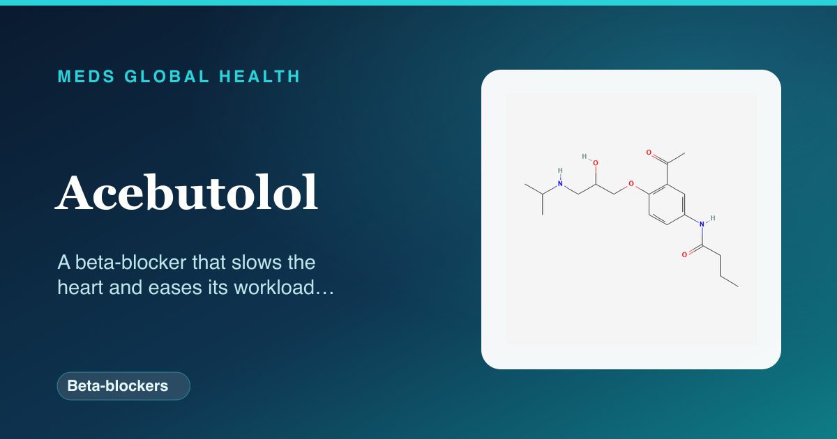 Acebutolol (Beta-blockers) — Meds Global Health reference card with 2D molecular structure