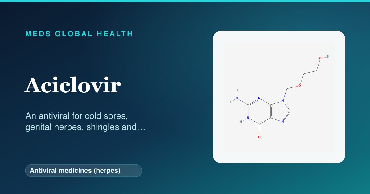 Aciclovir (Antiviral medicines (herpes)) — Meds Global Health reference card with 2D molecular structure