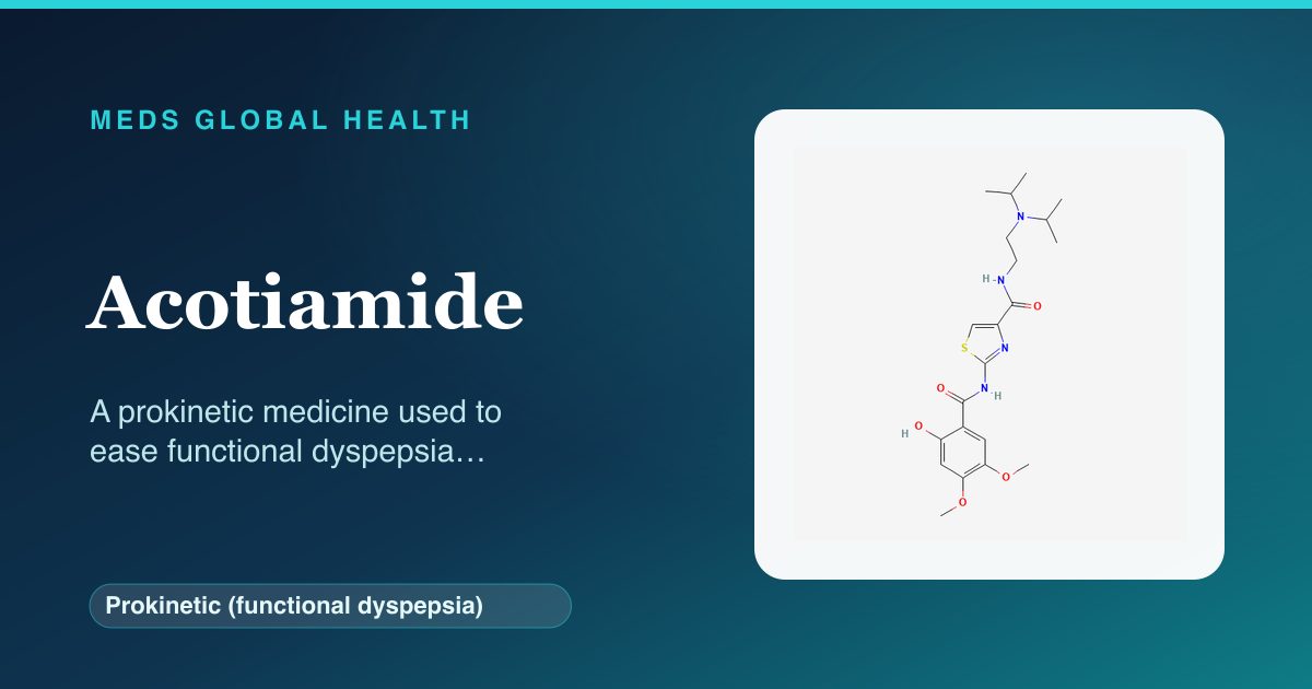Acotiamide (Prokinetic (functional dyspepsia)) — Meds Global Health reference card with 2D molecular structure