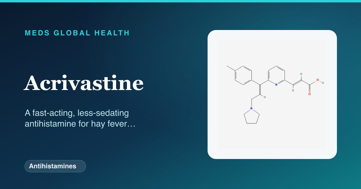 Acrivastine (Antihistamines) — Meds Global Health reference card with 2D molecular structure