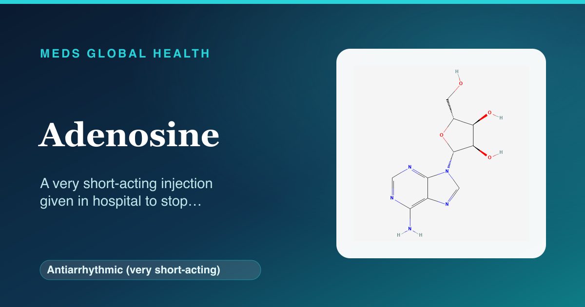 Adenosine (Antiarrhythmic (very short-acting)) — Meds Global Health reference card with 2D molecular structure