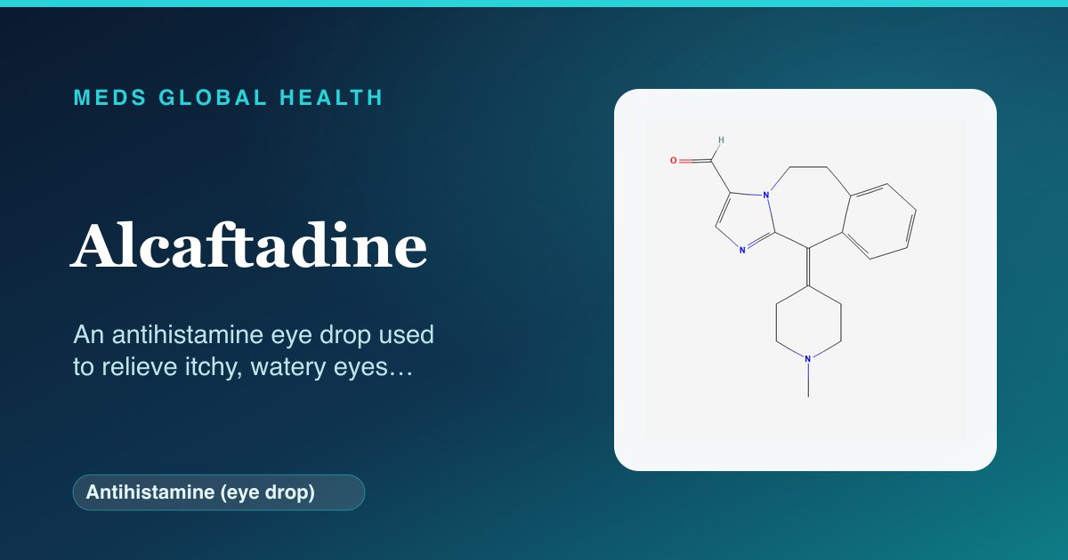 Alcaftadine (Antihistamine (eye drop)) — Meds Global Health reference card with 2D molecular structure