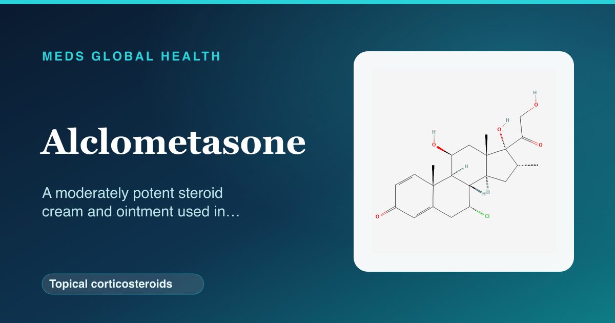 Alclometasone (Topical corticosteroids) — Meds Global Health reference card with 2D molecular structure