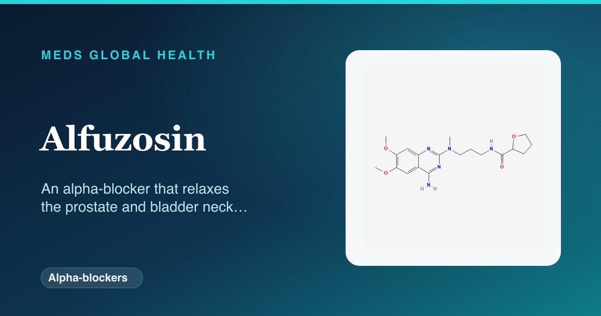 Alfuzosin (Alpha-blockers) — Meds Global Health reference card with 2D molecular structure