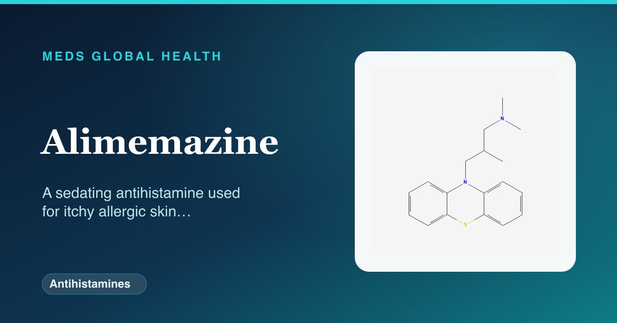 Alimemazine (Antihistamines) — Meds Global Health reference card with 2D molecular structure