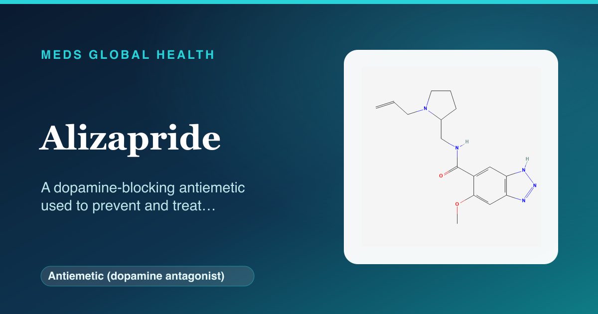 Alizapride (Antiemetic (dopamine antagonist)) — Meds Global Health reference card with 2D molecular structure
