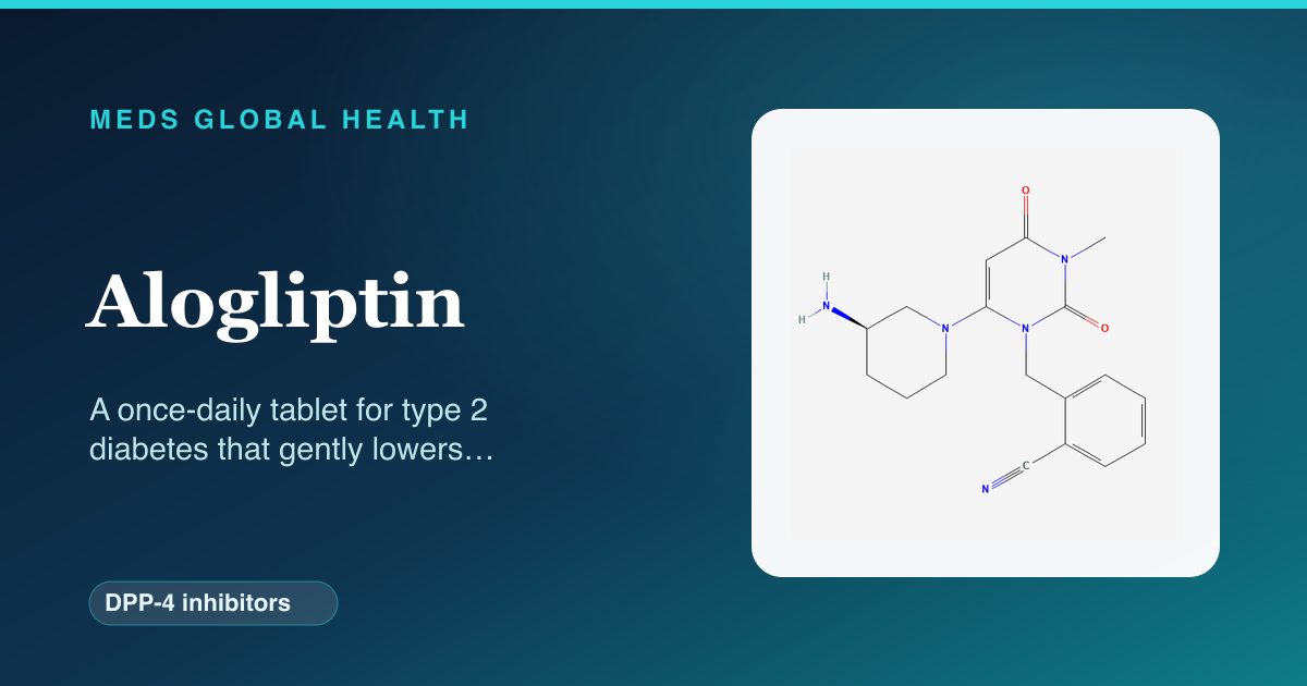 Alogliptin (DPP-4 inhibitors) — Meds Global Health reference card with 2D molecular structure