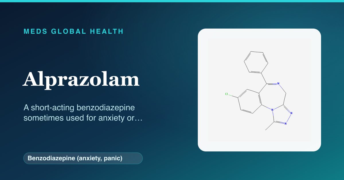 Alprazolam (Benzodiazepine (anxiety, panic)) — Meds Global Health reference card with 2D molecular structure