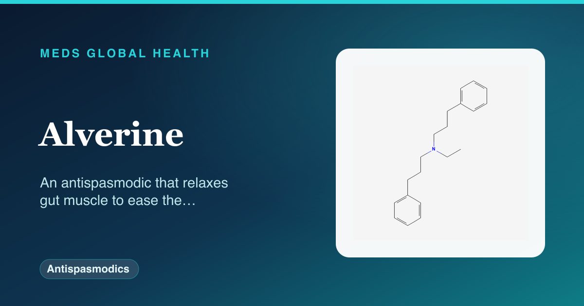 Alverine (Antispasmodics) — Meds Global Health reference card with 2D molecular structure