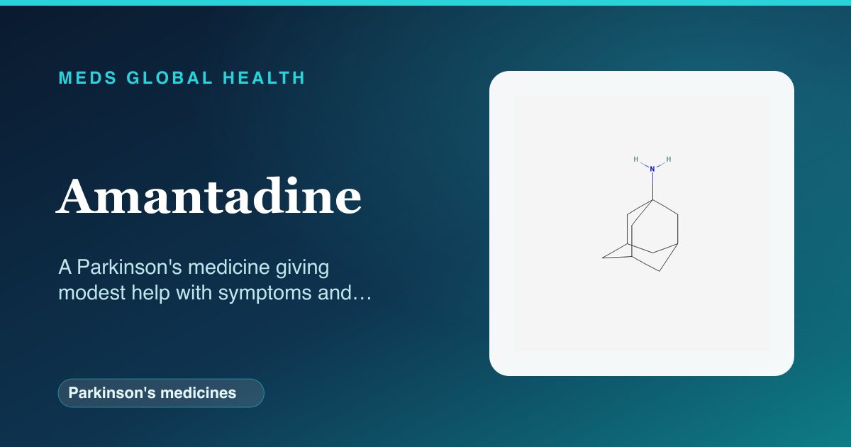 Amantadine (Parkinson's medicines) — Meds Global Health reference card with 2D molecular structure