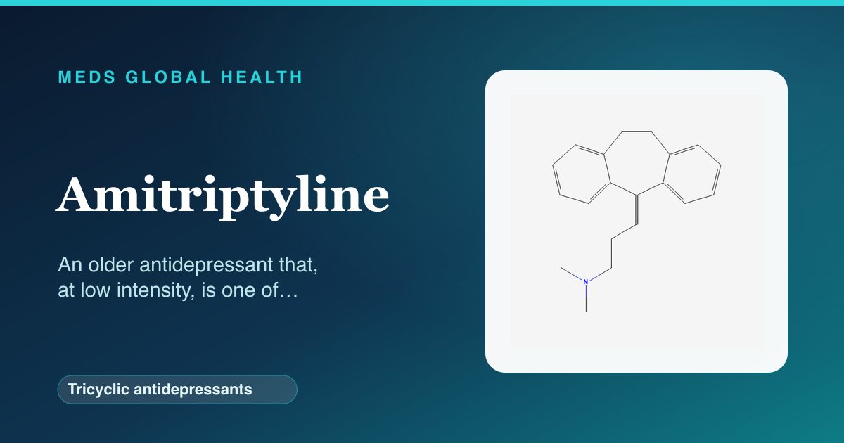 Amitriptyline (Tricyclic antidepressants) — Meds Global Health reference card with 2D molecular structure