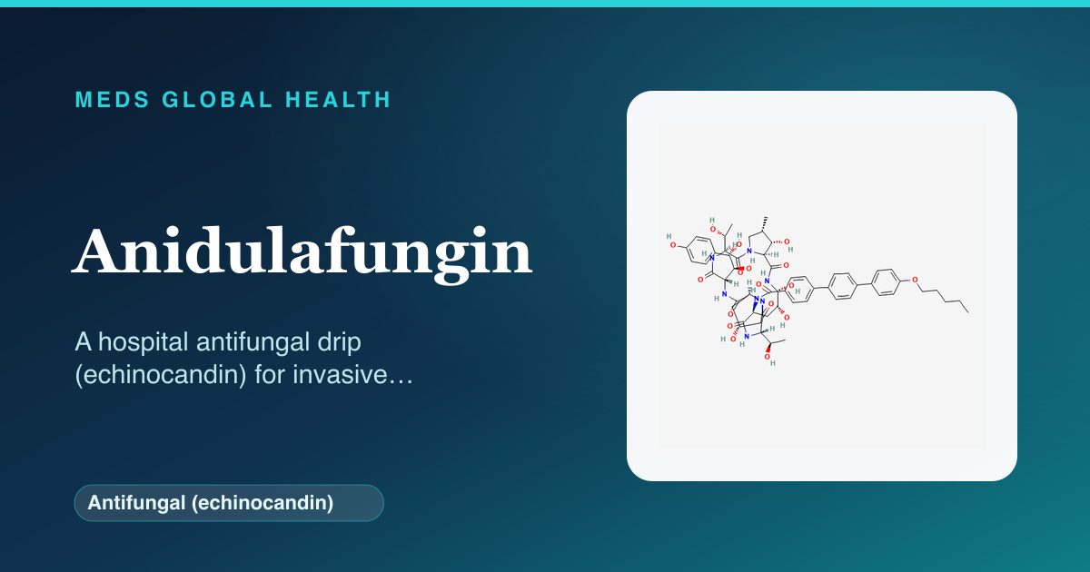 Anidulafungin (Antifungal (echinocandin)) — Meds Global Health reference card with 2D molecular structure