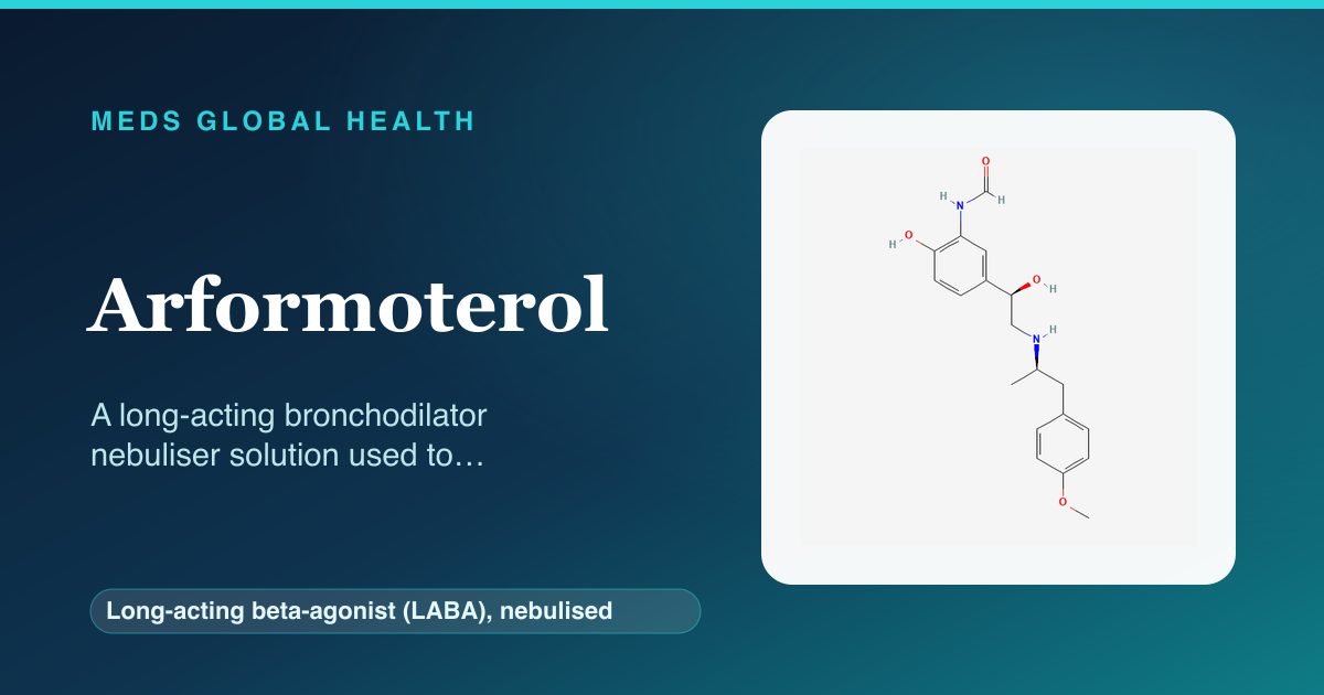 Arformoterol (Long-acting beta-agonist (LABA), nebulised) — Meds Global Health reference card with 2D molecular structure