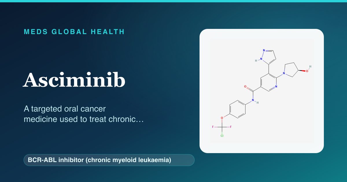 Asciminib (BCR-ABL inhibitor (chronic myeloid leukaemia)) — Meds Global Health reference card with 2D molecular structure