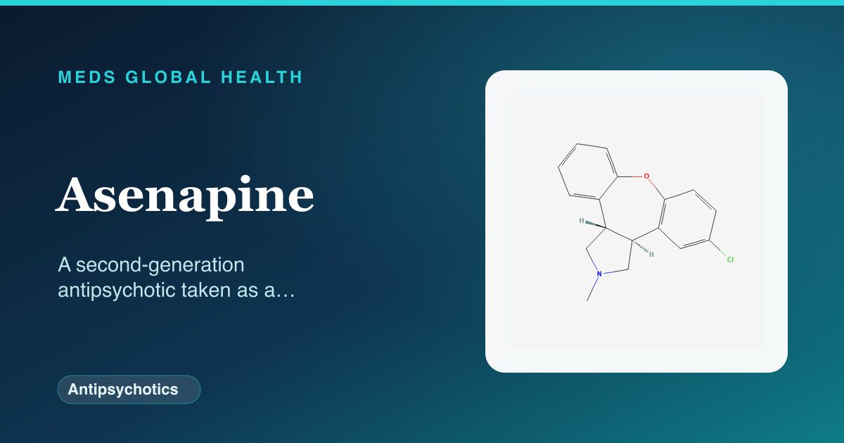 Asenapine (Antipsychotics) — Meds Global Health reference card with 2D molecular structure
