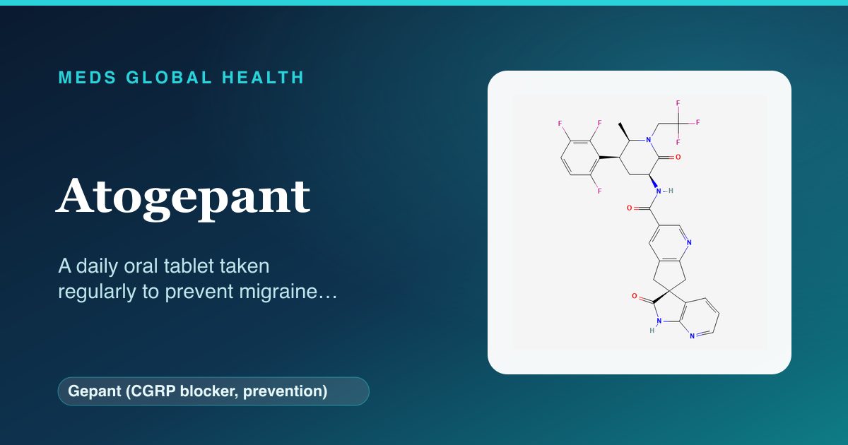 Atogepant (Gepant (CGRP blocker, prevention)) — Meds Global Health reference card with 2D molecular structure