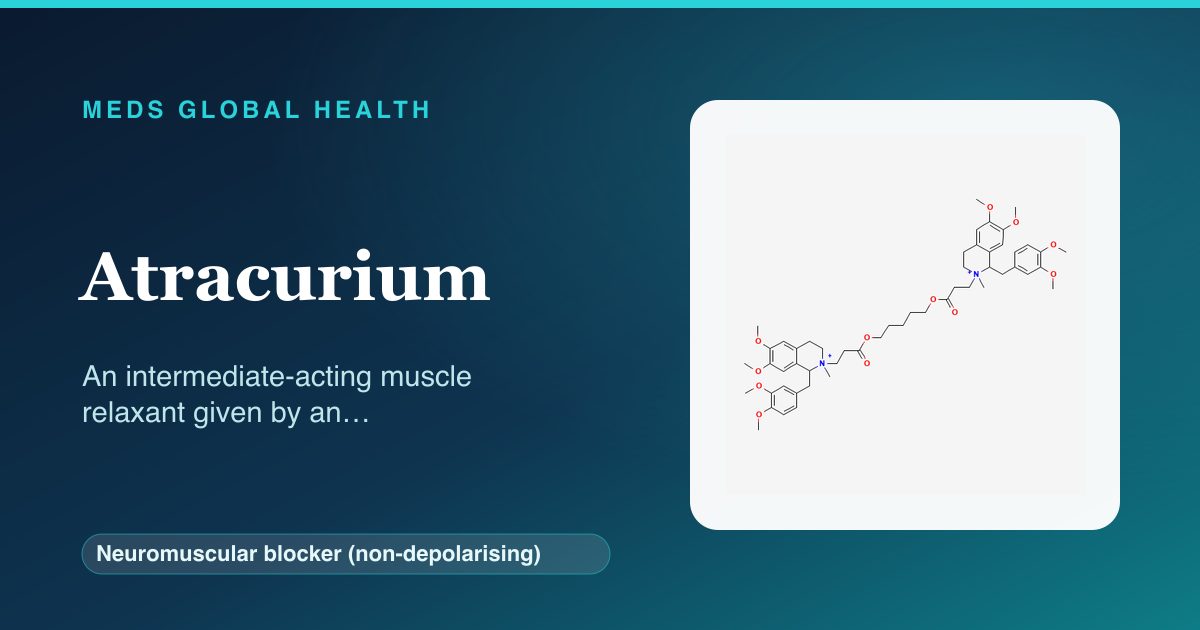 Atracurium (Neuromuscular blocker (non-depolarising)) — Meds Global Health reference card with 2D molecular structure