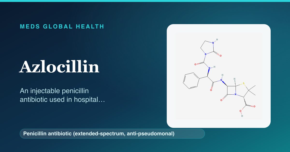 Azlocillin (Penicillin antibiotic (extended-spectrum, anti-pseudomonal)) — Meds Global Health reference card with 2D molecular structure