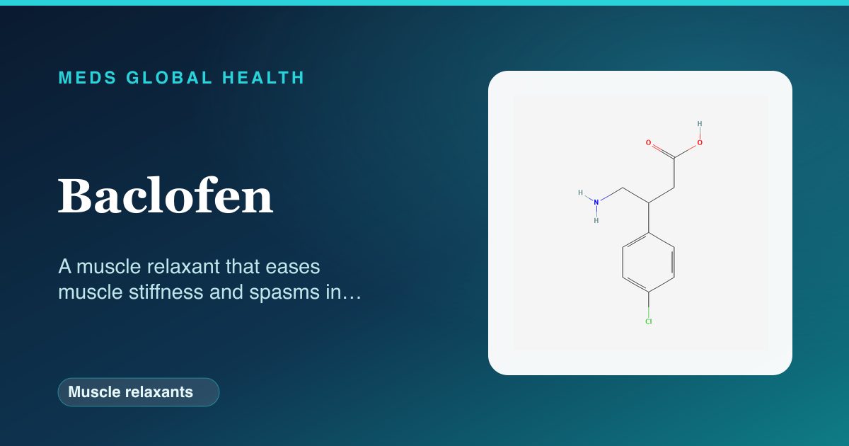 Baclofen (Muscle relaxants) — Meds Global Health reference card with 2D molecular structure