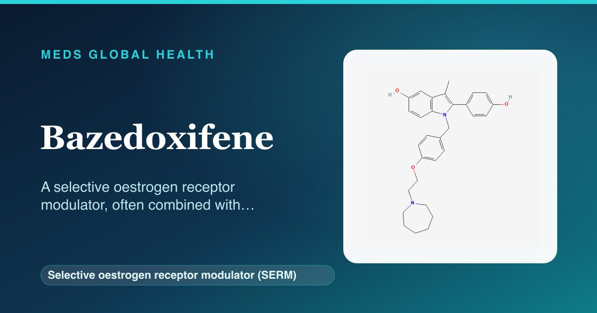 Bazedoxifene (Selective oestrogen receptor modulator (SERM)) — Meds Global Health reference card with 2D molecular structure