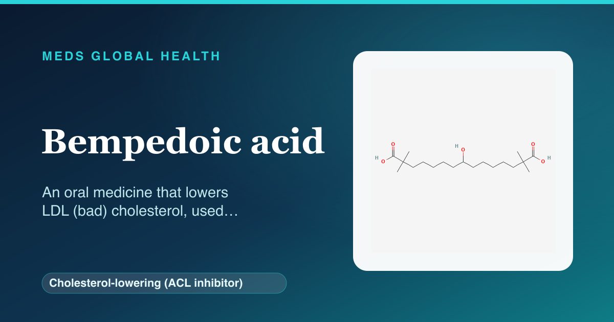Bempedoic acid (Cholesterol-lowering (ACL inhibitor)) — Meds Global Health reference card with 2D molecular structure