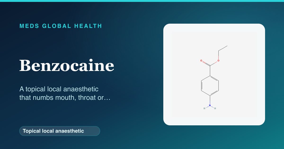 Benzocaine (Topical local anaesthetic) — Meds Global Health reference card with 2D molecular structure