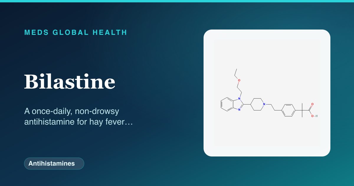 Bilastine (Antihistamines) — Meds Global Health reference card with 2D molecular structure