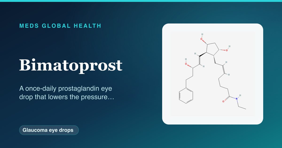 Bimatoprost (Glaucoma eye drops) — Meds Global Health reference card with 2D molecular structure