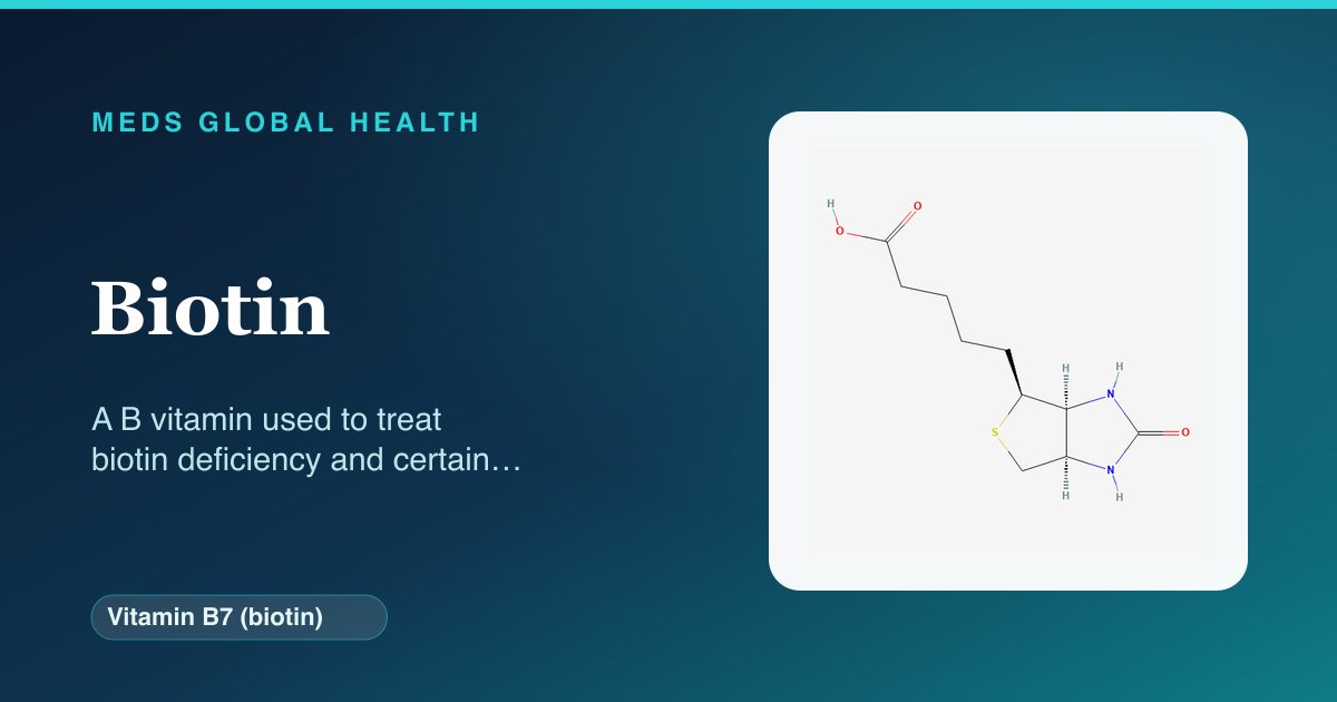 Biotin (Vitamin B7 (biotin)) — Meds Global Health reference card with 2D molecular structure
