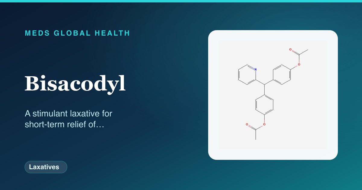 Bisacodyl (Laxatives) — Meds Global Health reference card with 2D molecular structure