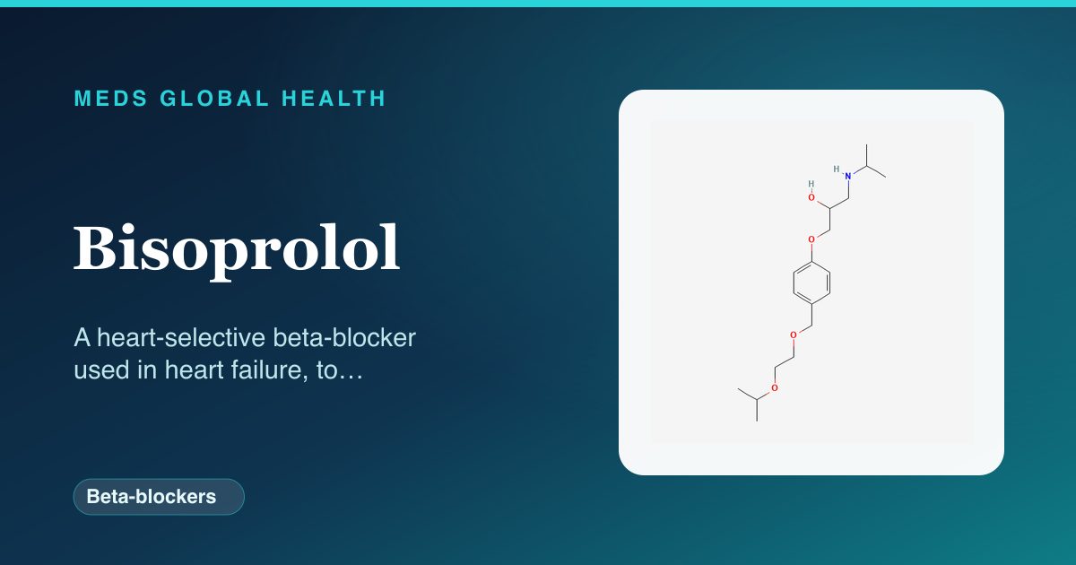 Bisoprolol (Beta-blockers) — Meds Global Health reference card with 2D molecular structure