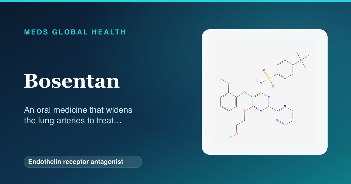 Bosentan (Endothelin receptor antagonist) — Meds Global Health reference card with 2D molecular structure