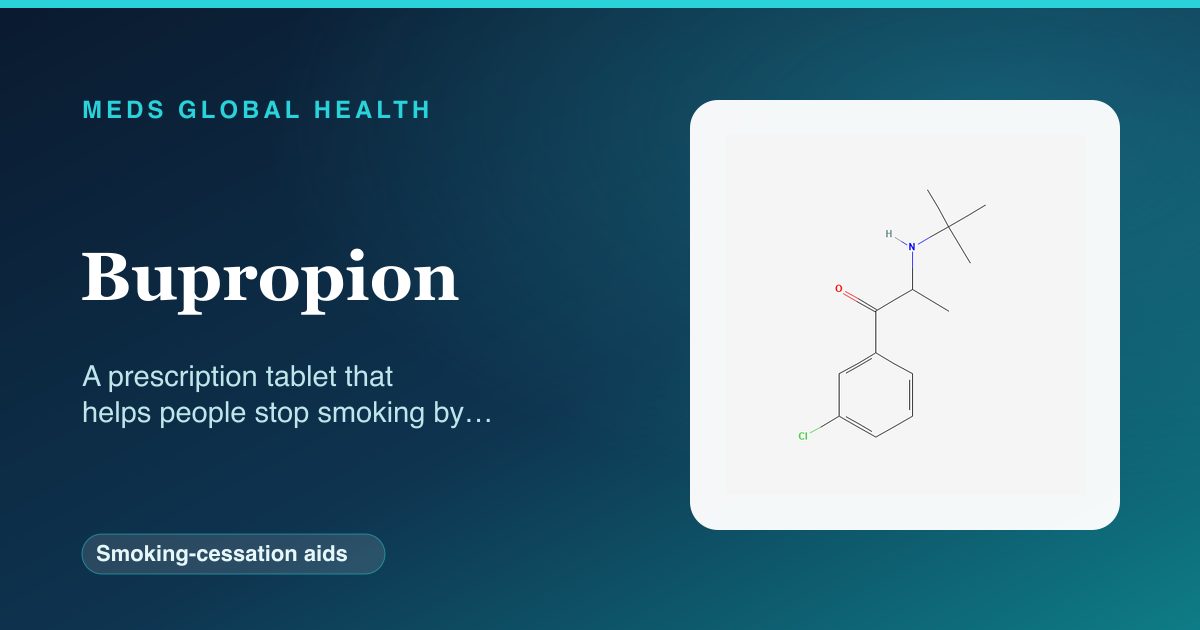 Bupropion (Smoking-cessation aids) — Meds Global Health reference card with 2D molecular structure
