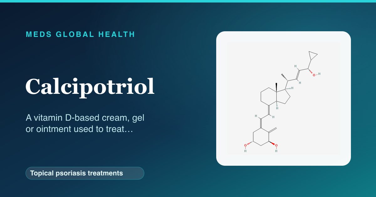 Calcipotriol (Topical psoriasis treatments) — Meds Global Health reference card with 2D molecular structure