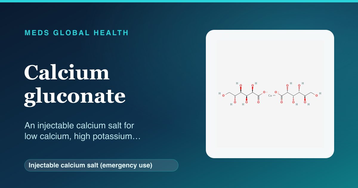 Calcium gluconate (Injectable calcium salt (emergency use)) — Meds Global Health reference card with 2D molecular structure