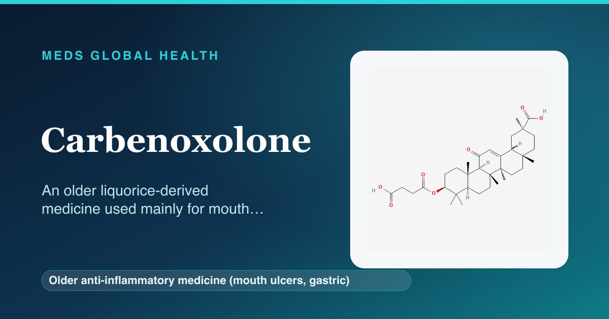 Carbenoxolone (Older anti-inflammatory medicine (mouth ulcers, gastric)) — Meds Global Health reference card with 2D molecular structure