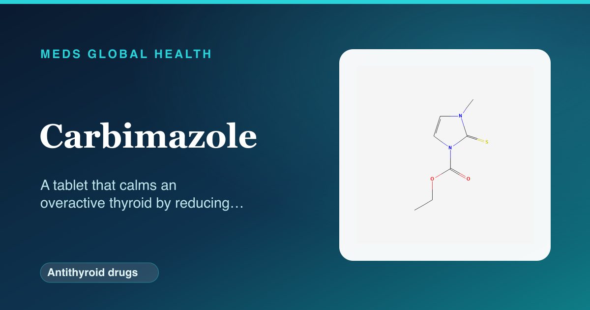 Carbimazole (Antithyroid drugs) — Meds Global Health reference card with 2D molecular structure