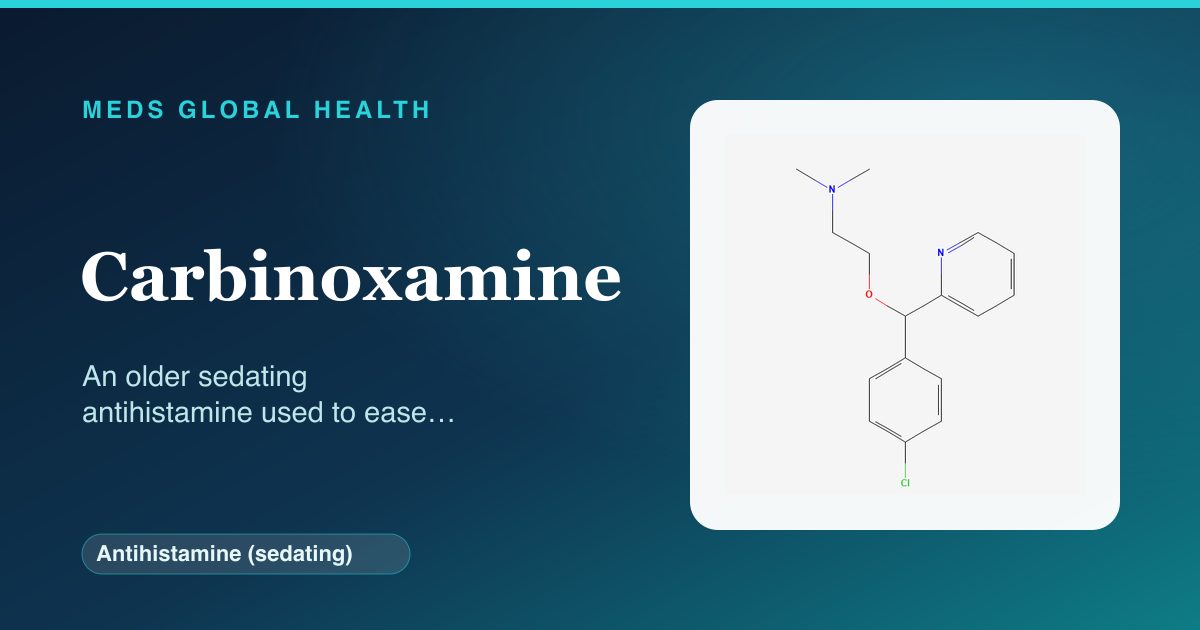 Carbinoxamine (Antihistamine (sedating)) — Meds Global Health reference card with 2D molecular structure