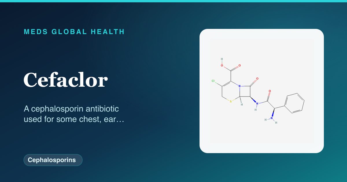 Cefaclor (Cephalosporins) — Meds Global Health reference card with 2D molecular structure