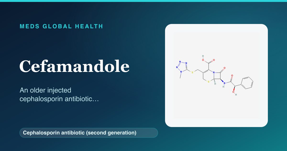 Cefamandole (Cephalosporin antibiotic (second generation)) — Meds Global Health reference card with 2D molecular structure
