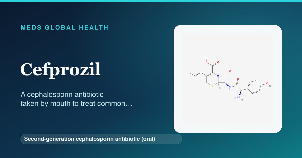 Cefprozil (Second-generation cephalosporin antibiotic (oral)) — Meds Global Health reference card with 2D molecular structure