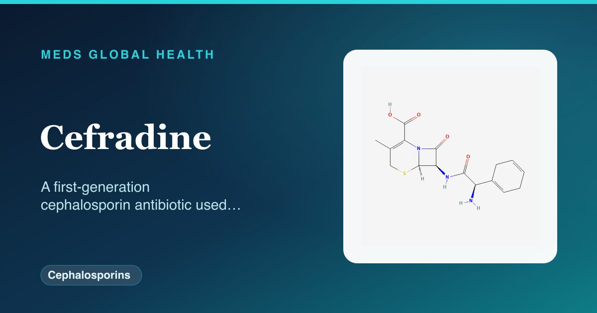Cefradine (Cephalosporins) — Meds Global Health reference card with 2D molecular structure