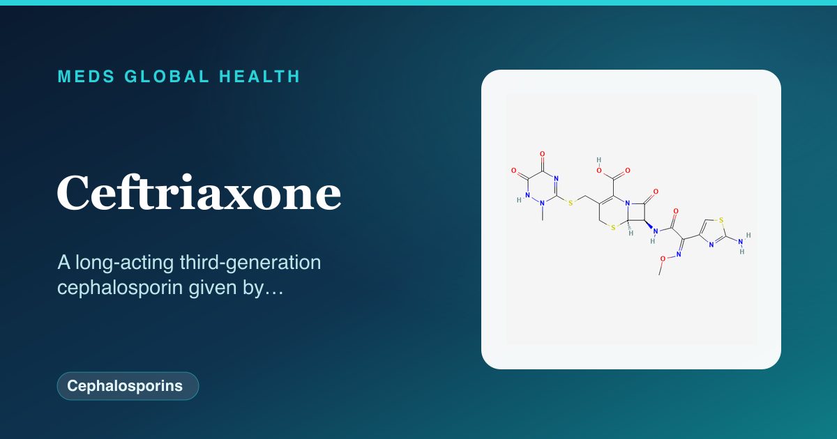 Ceftriaxone (Cephalosporins) — Meds Global Health reference card with 2D molecular structure