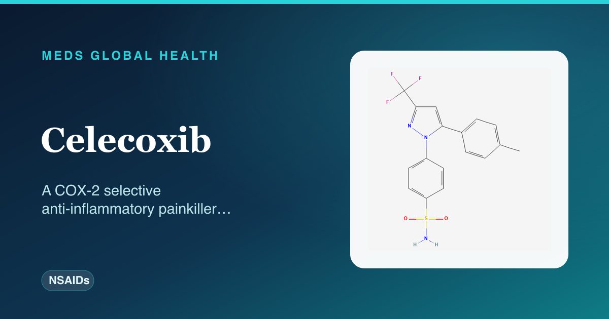 Celecoxib (NSAIDs) — Meds Global Health reference card with 2D molecular structure