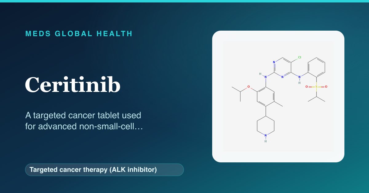 Ceritinib (Targeted cancer therapy (ALK inhibitor)) — Meds Global Health reference card with 2D molecular structure