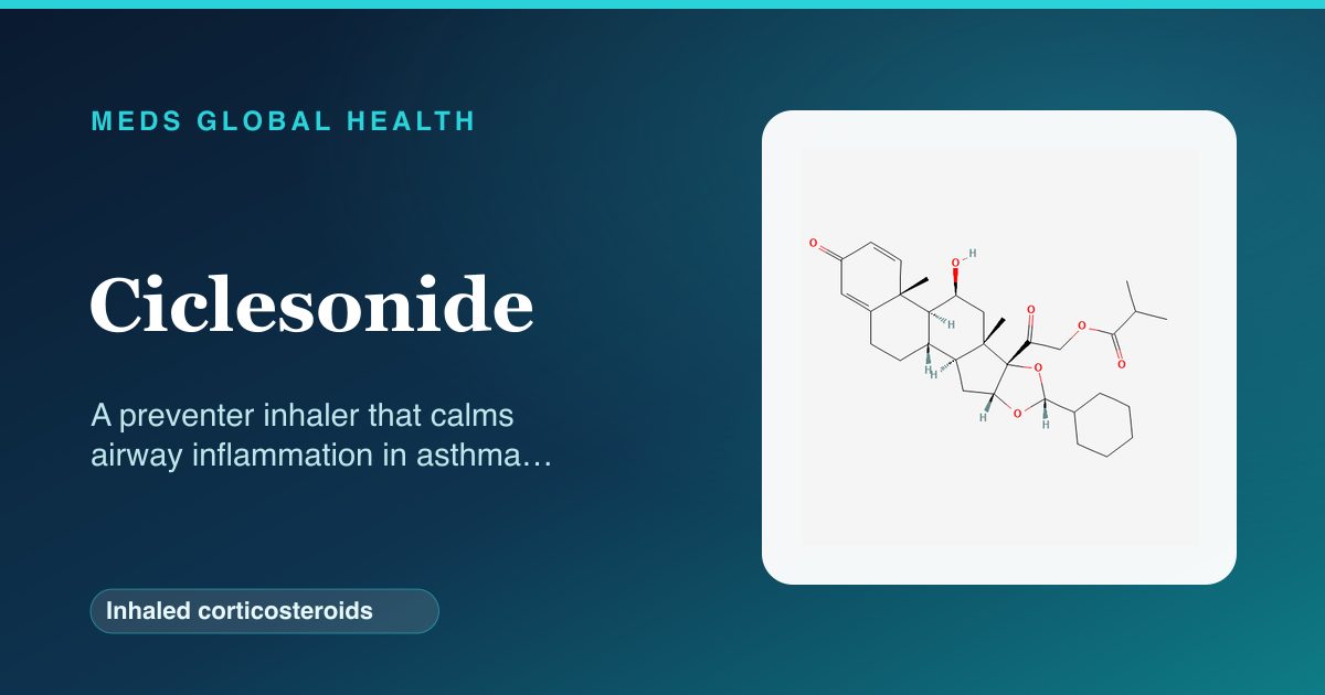 Ciclesonide (Inhaled corticosteroids) — Meds Global Health reference card with 2D molecular structure