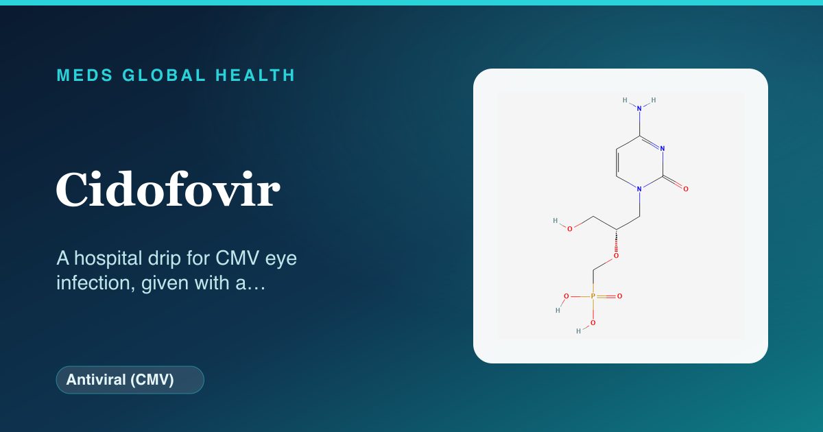 Cidofovir (Antiviral (CMV)) — Meds Global Health reference card with 2D molecular structure