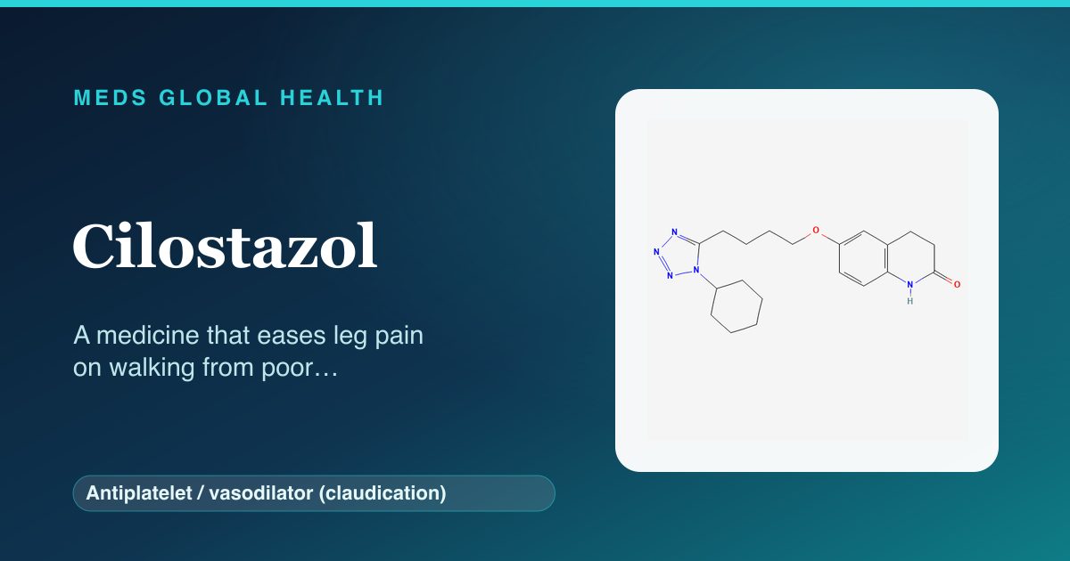 Cilostazol (Antiplatelet / vasodilator (claudication)) — Meds Global Health reference card with 2D molecular structure