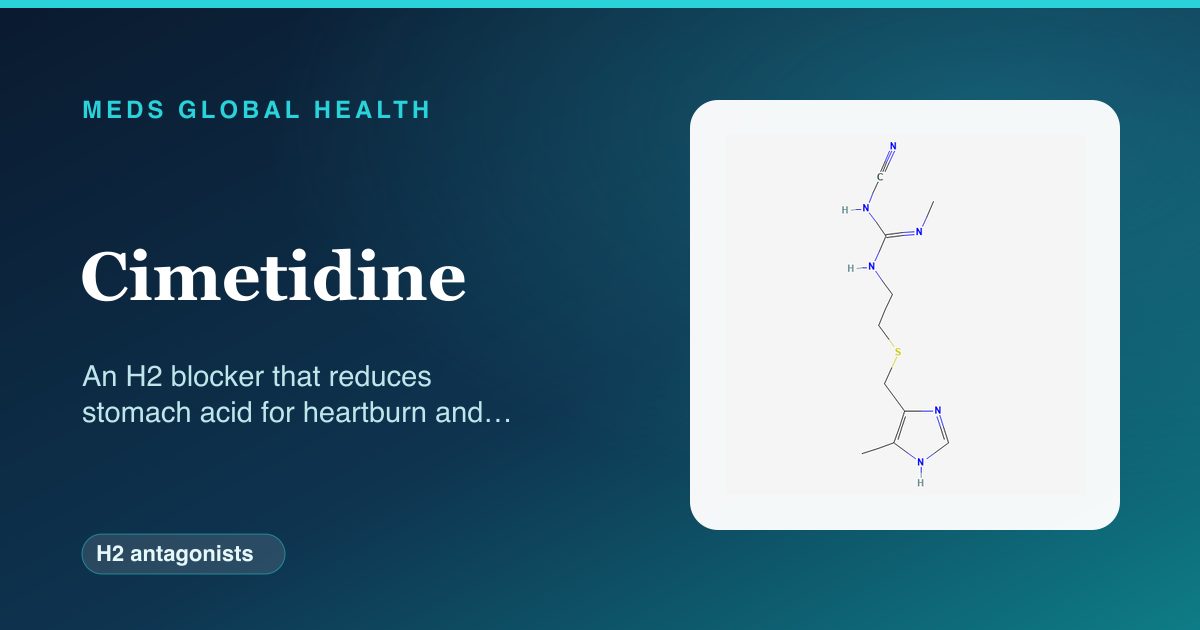 Cimetidine (H2 antagonists) — Meds Global Health reference card with 2D molecular structure